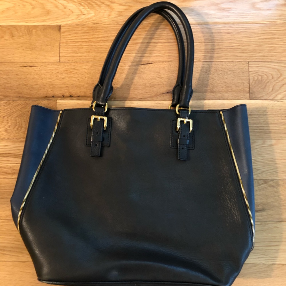 Leather J Crew Goodwin Tote Bag Black and Navy Blue with Gold Trim